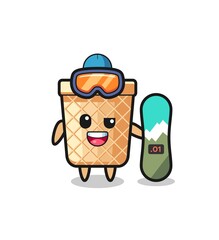 Illustration of waffle cone character with snowboarding style