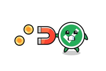 the character of check mark hold a magnet to catch the gold coins