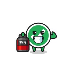 the muscular check mark character is holding a protein supplement