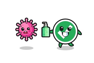 illustration of check mark character chasing evil virus with hand sanitizer