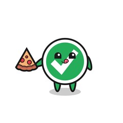 cute check mark cartoon eating pizza