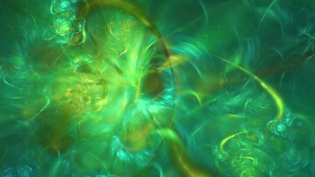 Abstract green and gold fractal flame loop background. Dynamic, swirling, chaotic.