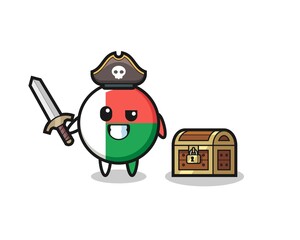 the madagascar flag pirate character holding sword beside a treasure box