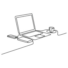 coffee cup and laptop oneline continuous single editable line art