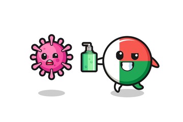 illustration of madagascar flag character chasing evil virus with hand sanitizer