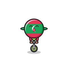 The cute maldives flag character is riding a circus bike