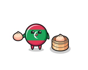 cute maldives flag character eating steamed buns