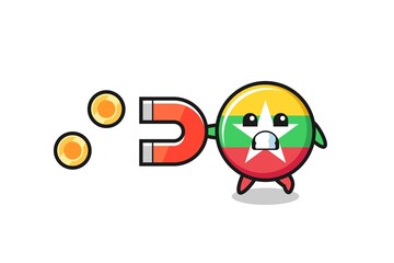 the character of myanmar flag hold a magnet to catch the gold coins