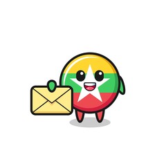 cartoon illustration of myanmar flag holding a yellow letter