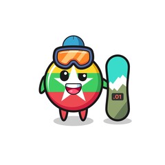 Illustration of myanmar flag character with snowboarding style