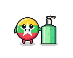 cute myanmar flag cartoon with hand sanitizer