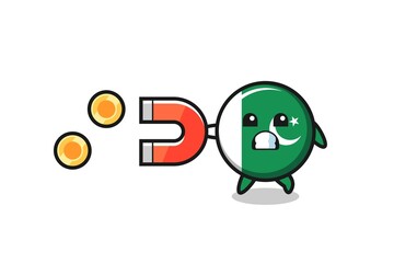 the character of pakistan flag hold a magnet to catch the gold coins