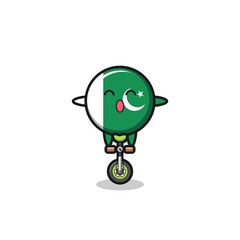 The cute pakistan flag character is riding a circus bike