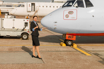 Cheerful woman flight attendant pointing at aircraft at airport
