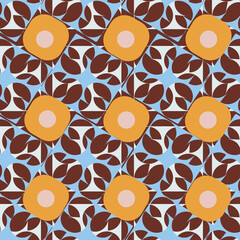 Light blue with orange like flowers and brown leaves seamless pattern background design.