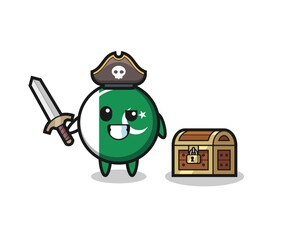 the pakistan flag pirate character holding sword beside a treasure box