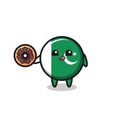 illustration of an pakistan flag character eating a doughnut