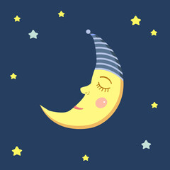 Month in the starry sky.The Sleeping Moon on a dark blue, isolated background. Cartoon style.Vector illustration.
