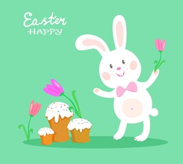 Easter rabbit, easter Bunny.Happy easter greeting card with rabbit,tulips,cakes and festive inscription.Vector illustration.