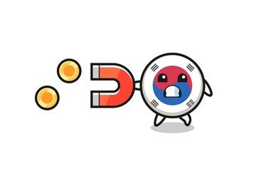 the character of south korea flag hold a magnet to catch the gold coins