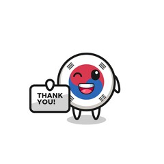 the mascot of the south korea flag holding a banner that says thank you