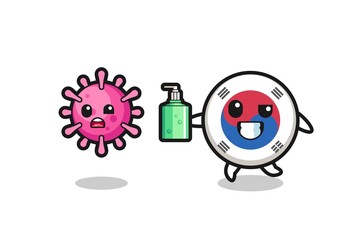 illustration of south korea flag character chasing evil virus with hand sanitizer