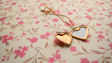 Gold Heart Pendant over a Romantic Floral Vintage Background