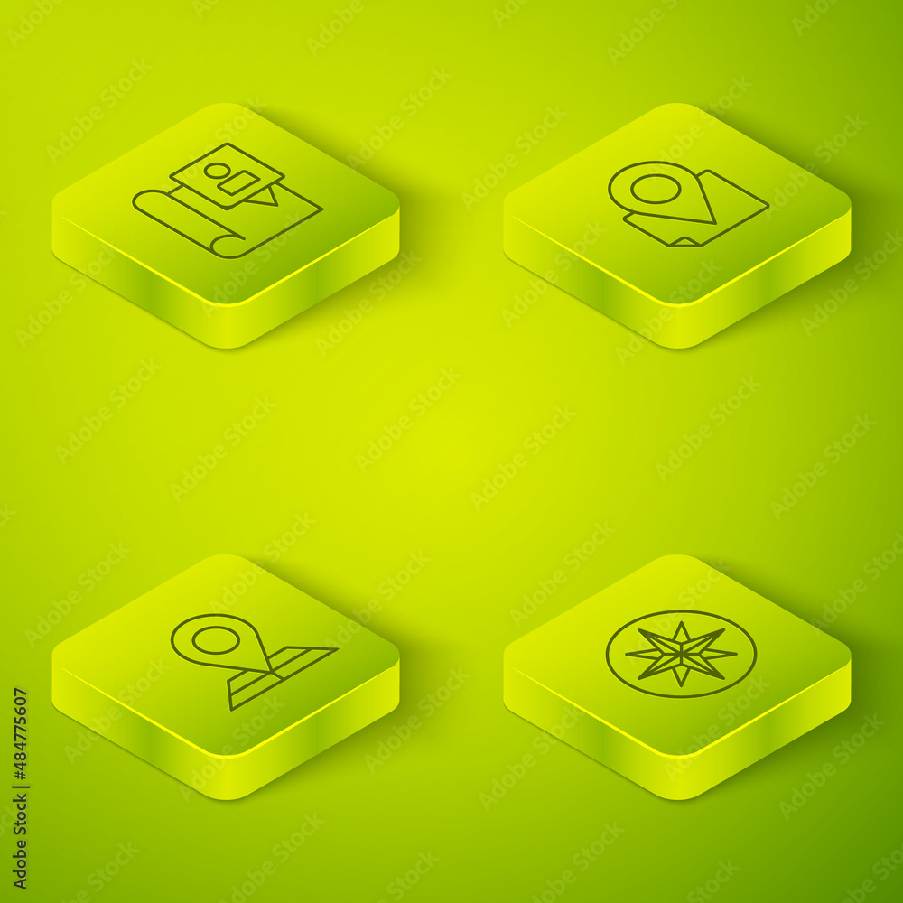 Poster set isometric line folded map with location marker, wind rose and icon. vector