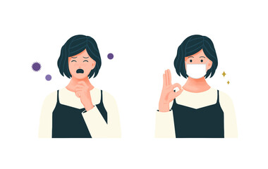 マスクをして感染予防をしている女性のベクターイラスト