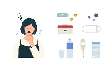 体調を崩した女性と感染症にまつわるベクターイラストアイコンセット