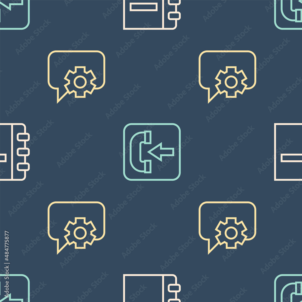 Poster set line notebook, telephone 24 hours support and incoming call on seamless pattern. vector