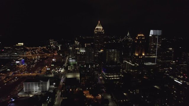 Atlanta Aerial at Night Push In Toward Downtown Skyline