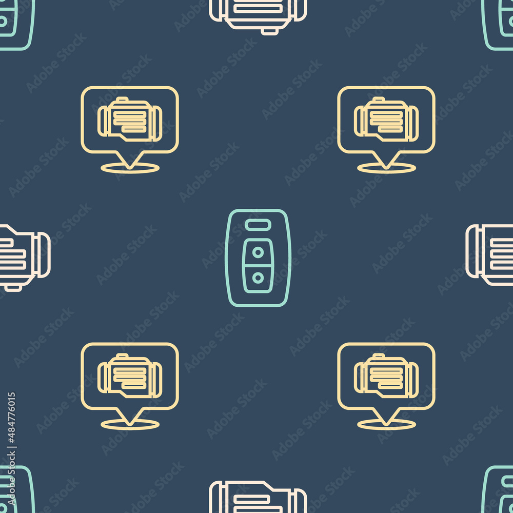 Aufkleber set line check engine, and car key with remote on seamless pattern. vector