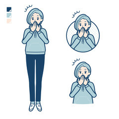 パーカーを着た若い女性が口をおさえて驚いているイラスト