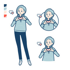 パーカーを着た若い女性が手でハートマークを作っているイラスト