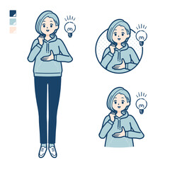 パーカーを着た若い女性がアイデアを閃いたイラスト