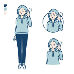 パーカーを着た若い女性が聞き耳をたてているイラスト