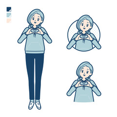 パーカーを着た若い女性が手でハートマークを作っているイラスト
