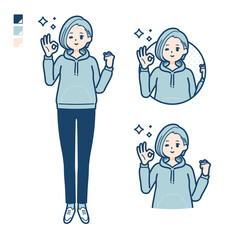 パーカーを着た若い女性が挨拶をしているイラスト