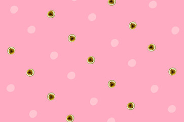 Colorful fruit pattern of fresh passion fruit on pink background. Top view. Flat lay. Pop art design
