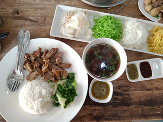 Thai food rice. on a wooden table, top view