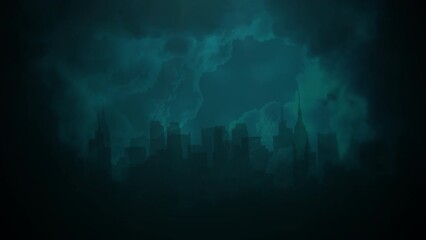 Dark city with buildings and mystical cloud in sky, abstract cinematic, business and corporate style background