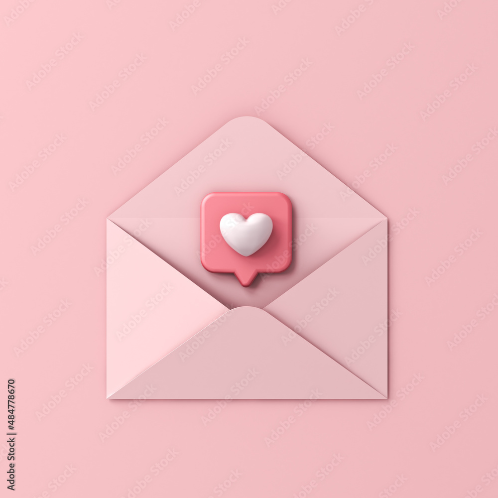 Leinwandbilder 3d love letter concept heart like social media notification pin icon coming out from open pink envel