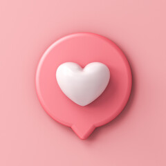 Heart like social media notification icon isolated on pink pastel color wall background with shadow minimal conceptual 3D rendering