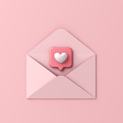 3d love letter concept heart like social media notification pin icon coming out from open pink envelope isolated on pink pastel color wall background with shadow minimal conceptual 3D rendering