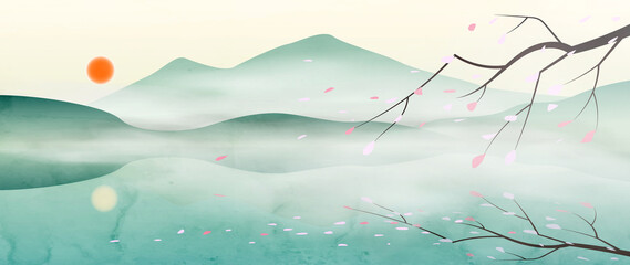 Mountains in Japanese style with a tree and sakura flowers on the lake. Oriental landscape watercolor art background for decor, website design, banner
