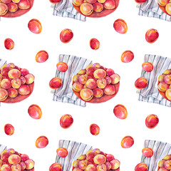 Seamless pattern watercolor apricot or peach on a plate with towel isolated on white background. Red yellow orange hand-drawn fruits. Sweet dessert summer food. Art for menu invitation card cafe