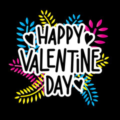 Hand Drawn Text Happy Valentine Day With Doodle Leaf. Retro Style Text. Modern Calligraphy. Can Be use for Sticker, shirt, mug, postcard, journaling.