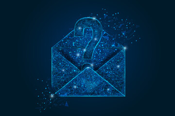 Abstract isolated image of a letter, mail or message with a question mark. Polygonal illustration looks like stars in the blask night sky in spase or flying glass shards. Digital design for website - obrazy, fototapety, plakaty