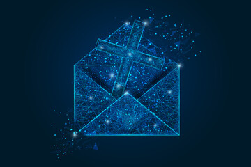 Abstract isolated image of a letter, mail or message with cross. Polygonal illustration looks like stars in the blask night sky in spase or flying glass shards. Digital design for website, web © Katsiaryna